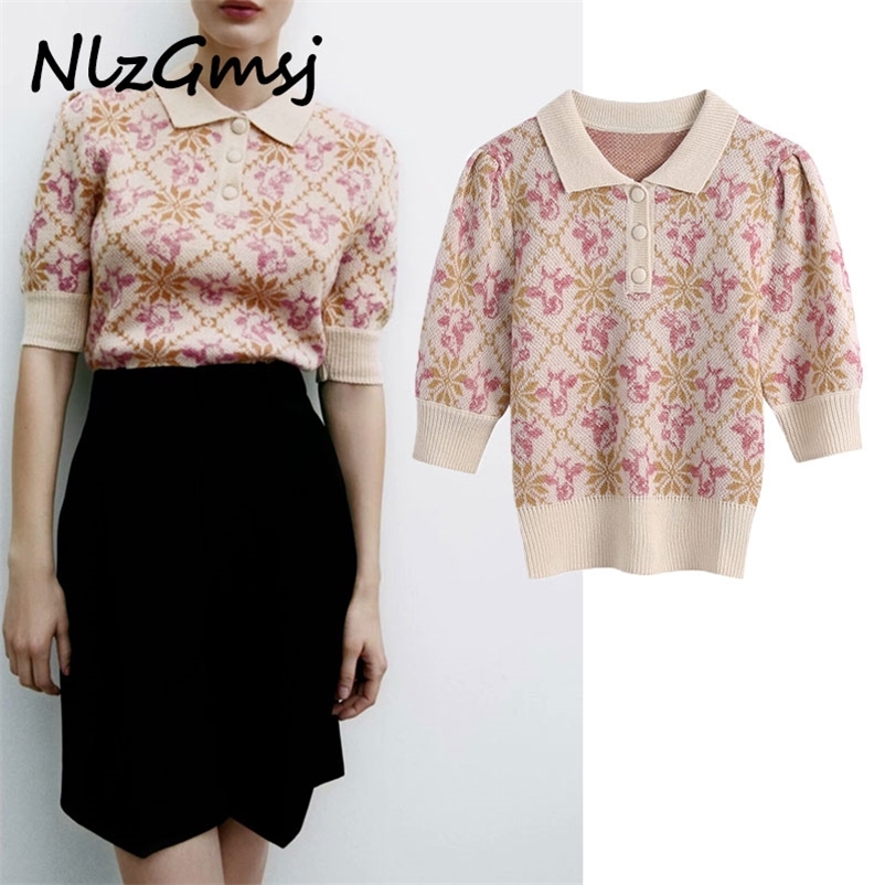 

Sweater Women Fashion Animal Pattern Jacquard Knitted Jumper Half Sleeve Female Pullovers Chic Tops 210628, As picture