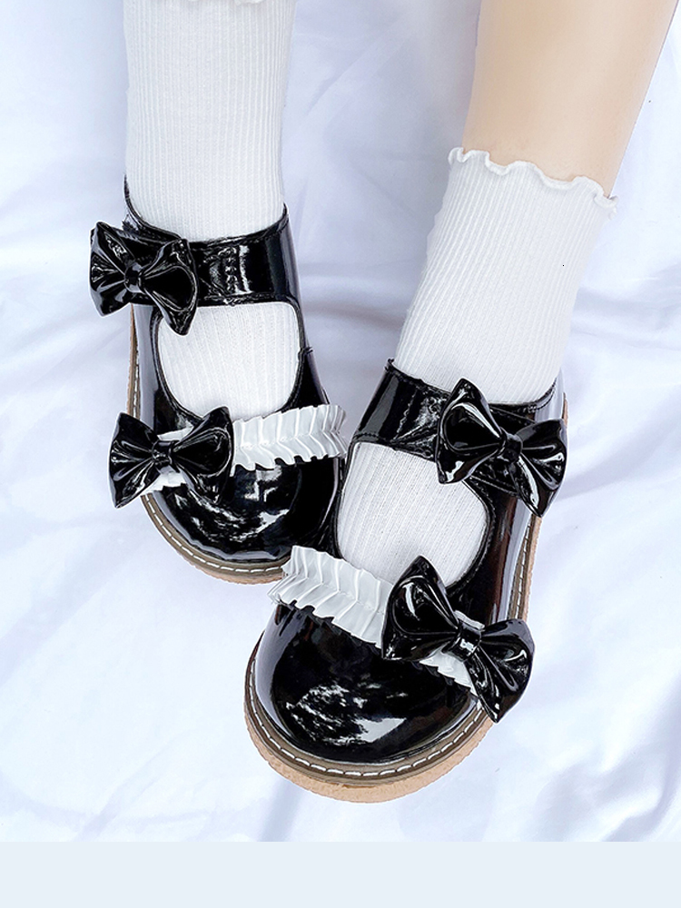 

Lolita Lady Maid Uniform Performance Thick Round Head Mid Heel Four in Single Anime Shoe Double Bowknot Cosplay Large Size35-40 7yco, Black