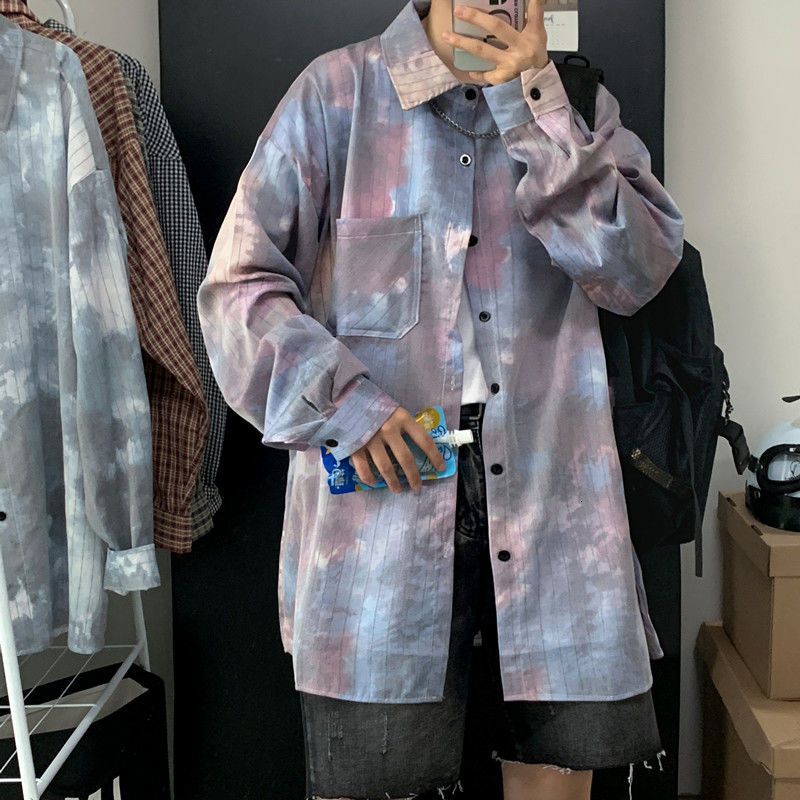 

2021 Men's New Striped Tie-dyed Long-sleeved Hawaiian Shirt Trendy Camisa Masculina Streetwear Mens Coats Fashion Shirts -2xl Czzd, Gray blue