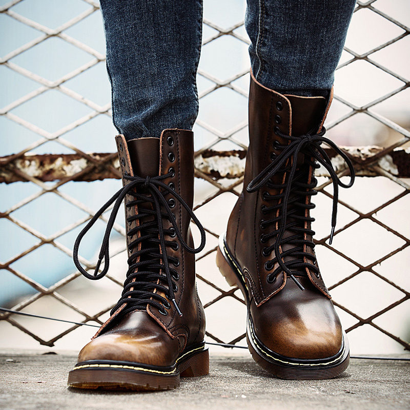 martin boots solid fashion outdoors spring autumn Gao Bang lace up PU leather round toe Simplicity Street Styl fat Casual sapatos para hombre comfor