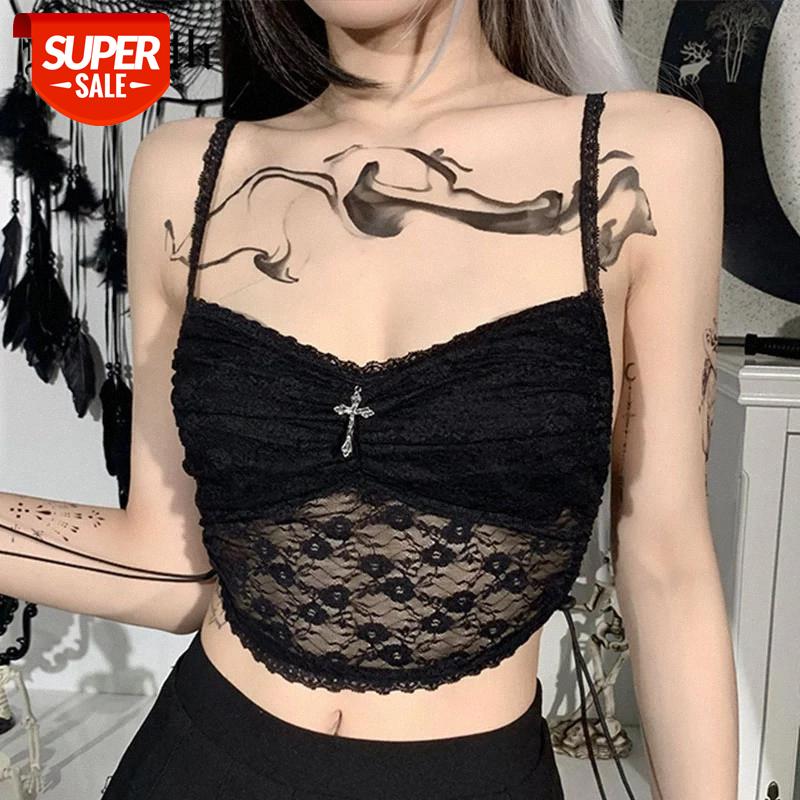 

InsGoth Mall Goth Lace Black Camis Vintage Cross Pendant Sexy See Through Camisole Aesthetic Spaghetti Straps Summer Crop Tops #WI5v, White