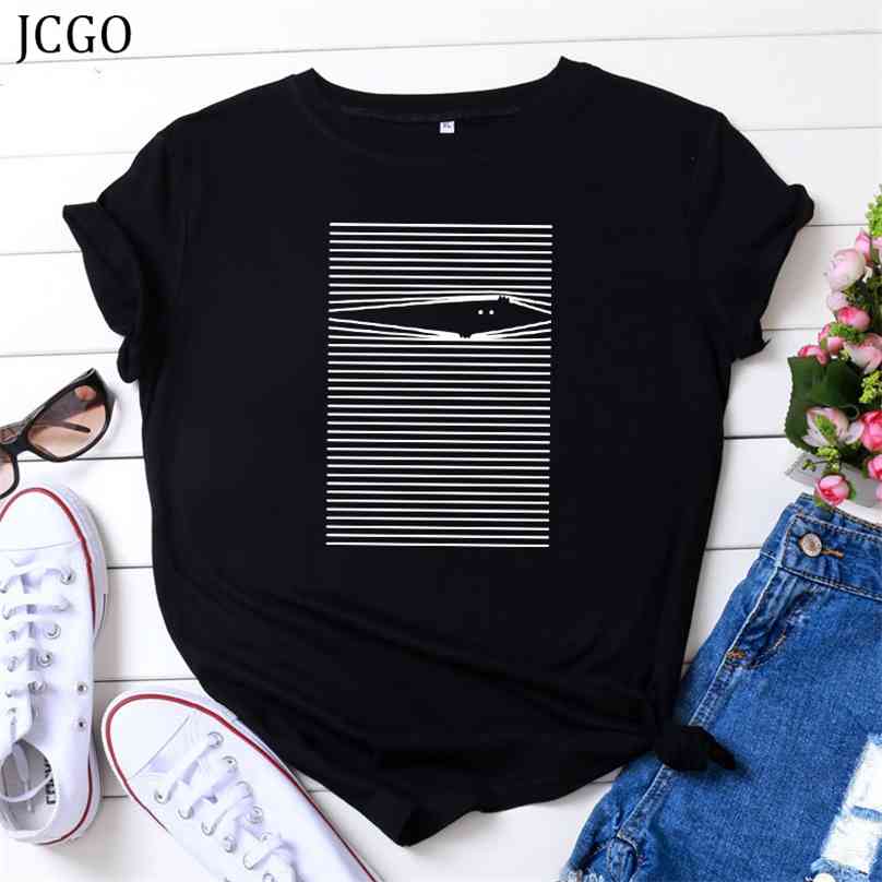 

JCGO Women Summer T Shirt Cotton Plus Size 4XL  Short Sleeve Aesthetic Graphic Print O-Neck Casual TShirts Basic Tops Tees 210720, White