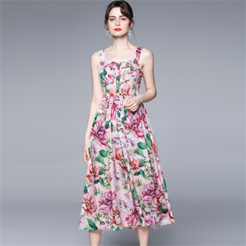 

Summer Holiday Catwalk Strapless Sexy Dress Vestidos Verano Elegant Women Floral Printed Beach Runway 210603, Picture color