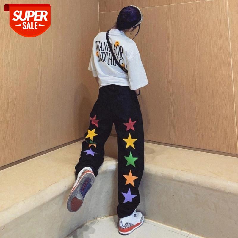 

2020 new black jeans women's straight tube loose high waist street style trend colorful five-pointed star casual trousers #Go82, Black;white