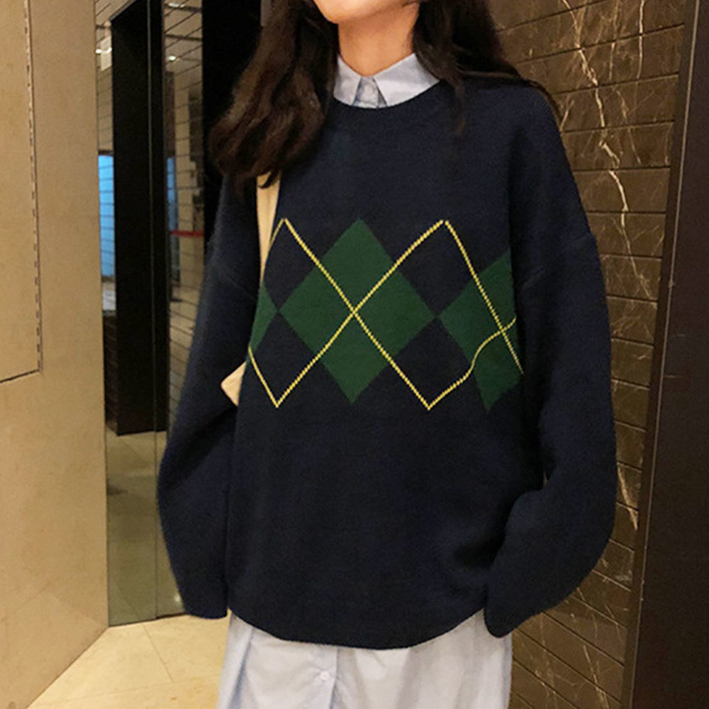 

2021 New Women Winter Vintage Geometric Pattern Loose Sweater Fashion Hit Color Knitted Batwing Pullover Korean Knitting Jumpers Tops 9x53, As photo