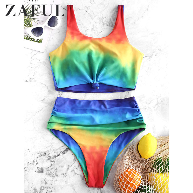

ZAFUL Original Women'S Swimming SET Tie Dye Knot High Waisted Tankini Swimsuit Push Up Bathing Suit Aesthetic Bikinis Mujer 210306