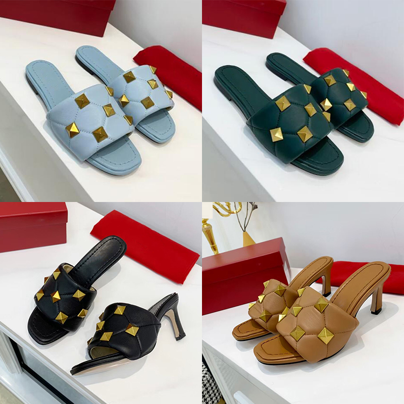 

Women Roman Sandal Rivet Slides Summer Designer Flat Slipper High Heel Quilted Stud Sexy Sheepskin Mules Shoes 9 colors Big Size 269, Color 4