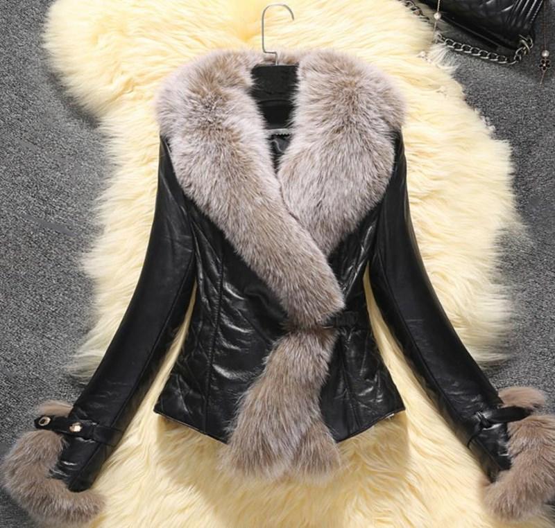 

Women' Leather & Faux Winter Slim Fur Pu Short Coat Turn-Down Collar V Neck Warm Thick Jacket, Red gray