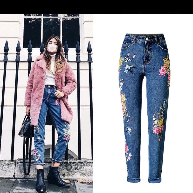 

Sherhure Bird Embroidered Wailing Woman High Quality Pants Jeans Femme 02n4, Blue