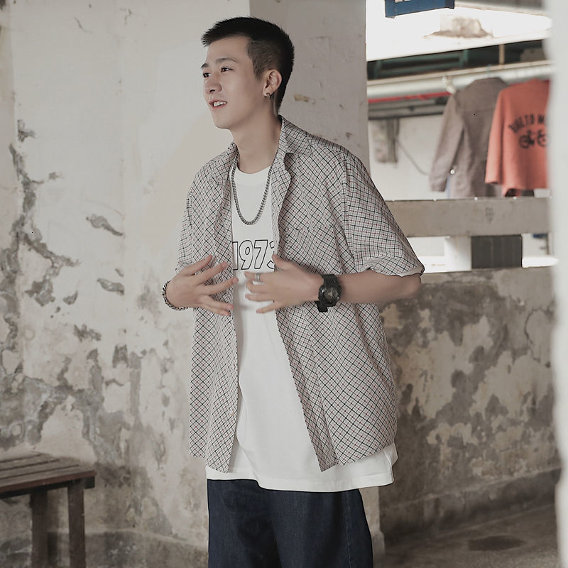 

2021 New Summer Plaid Men's Fashion Retro Casual Men Streetwear Short Sleeve Shirts Mens Shirt -xl E88p, Brown