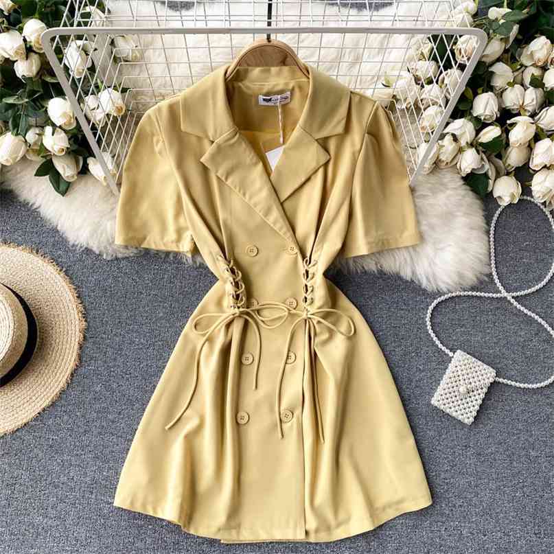 

Summer Dress Women Elegant Short Sleeve Notched Collar Casual Double Breasted Lace-up Bandage Slim Waist Work Mini 210603, Yellow