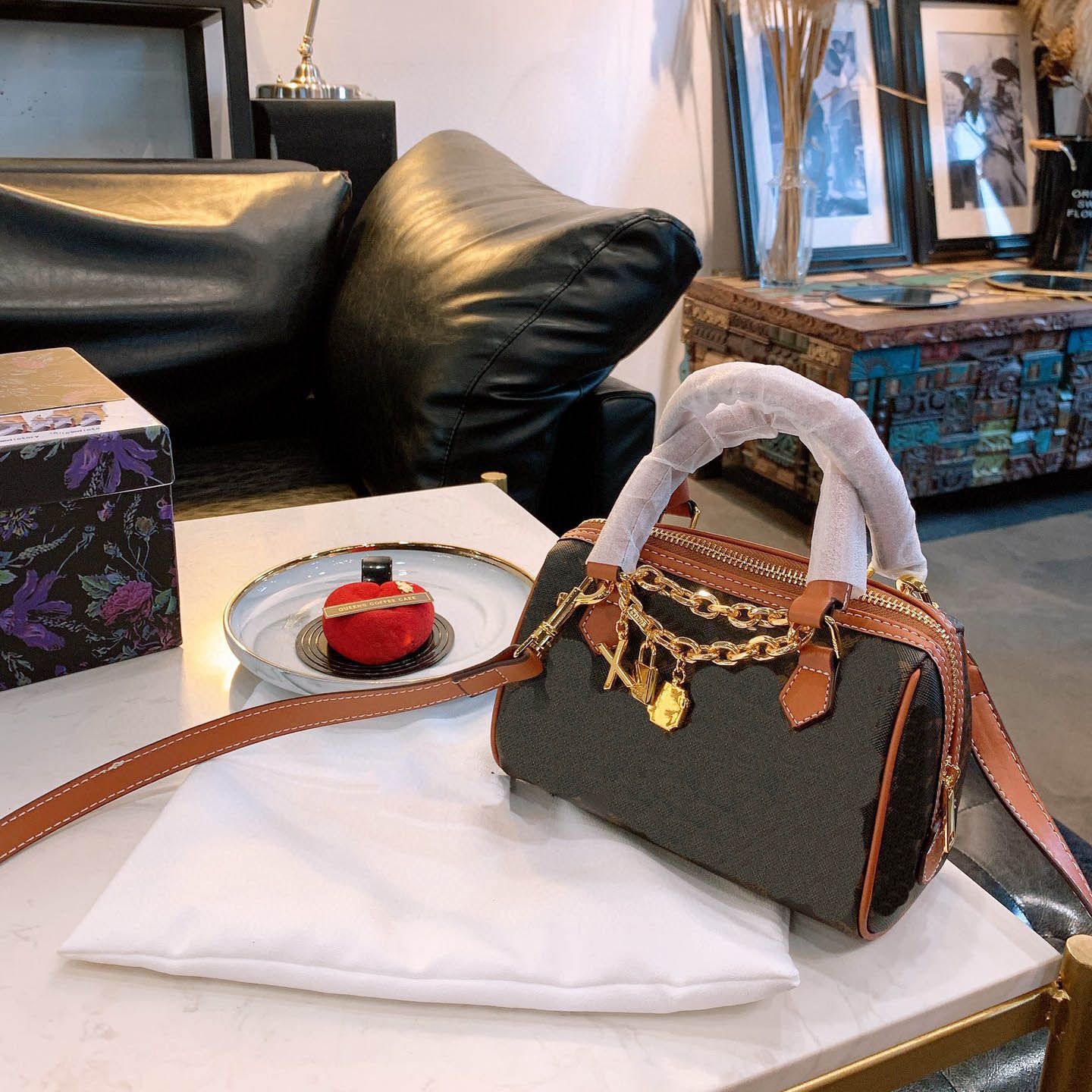 

Lady Designer Nano Boston Crossbody Bag Luxury Fashion mini Handbag with box, Brown