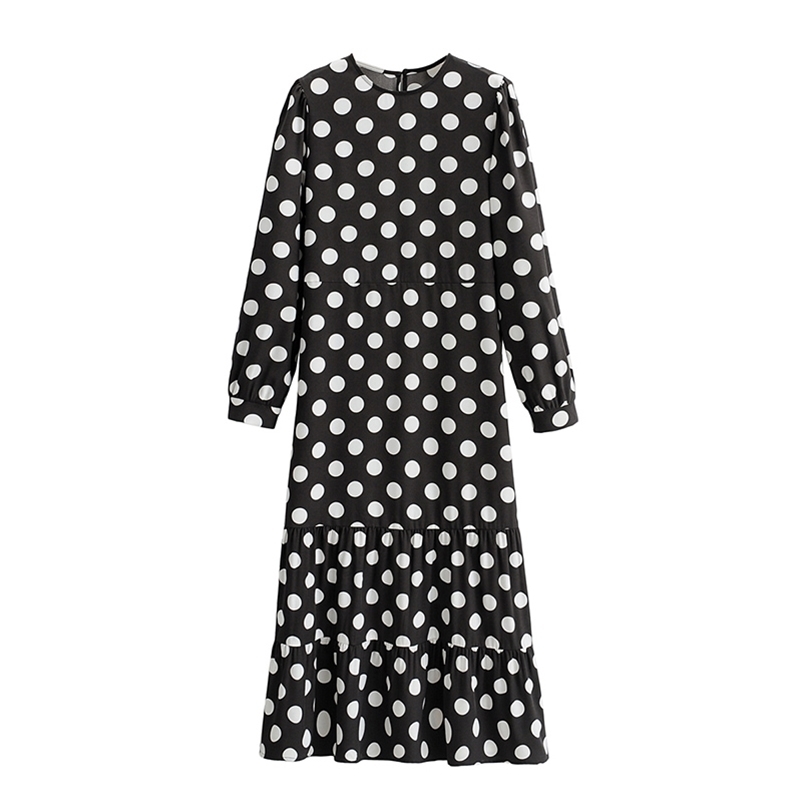 

Women Dots Dresses Casual Lovely Beach Summer O-Neck Mid-Calf Girl's Clothing Size  210524, Black