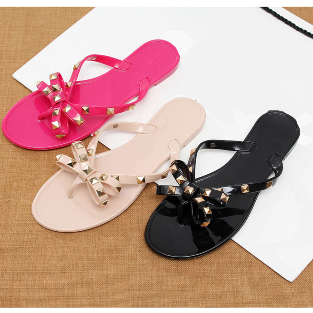 

sale2019 fashion bow v flip flops stud beach shoes summer rivets slippers thong sandals nude, Blue transparent