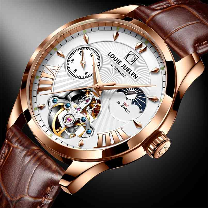 

LOUIE JUELEN Top Brand Men Mechanical Watch Luxury Automatic Stainless Steel Business Moon Phase Wristwatch reloj hombre 210628, Brown black