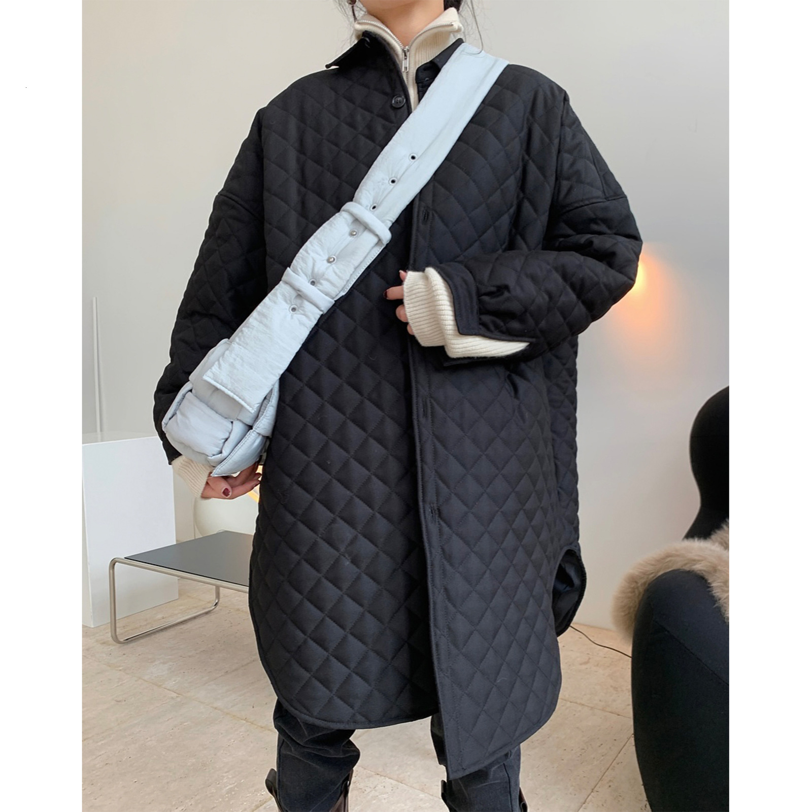 

2021 New Style Diamond Shirt-style Cotton Jacket Loose and Thin Mid-length Coat Thick Winter Clothes Women Ppfu, Black