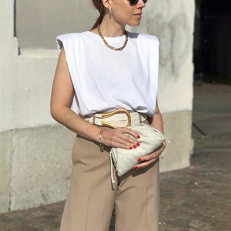 

Women's T-Shirt IMucci Shoulder Pad Women Tops Sleeveless O-Neck Solid Color Streetwear Fashion Shirts Summer 2021 Female Casual Clothing, Khaki