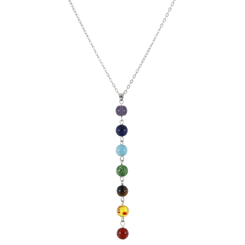 

Simple Style 7 Chakra Multicolor Natural Stone Beads Pendant Necklace Long Chain For Women Sliver Color Charm Collier Collares Yoga Jewelry