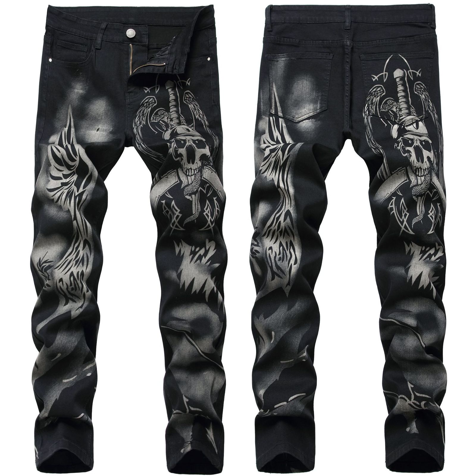 

2021 Men's Jeans Stretch Slim Fit Printed Black Trousers Skull Graffiti Street Fashion Men Denim Punk Pants Vaqueros Hombre Qfig