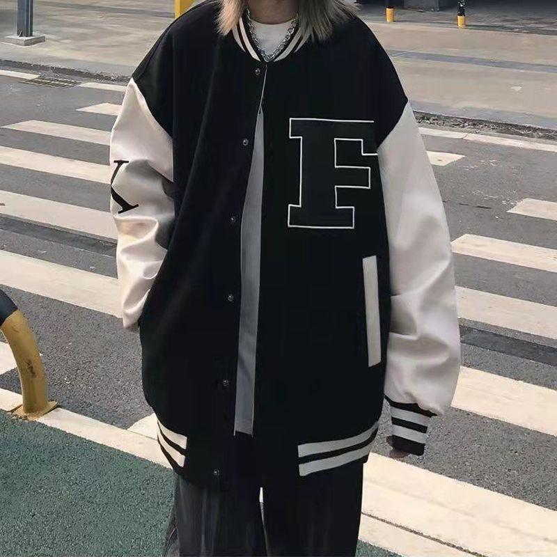

Women' Jackets American Baseball Jacket Women Patchwork Printed Autumn High Street Hip Hop Style Vintage Casual Loose Bomber, Black
