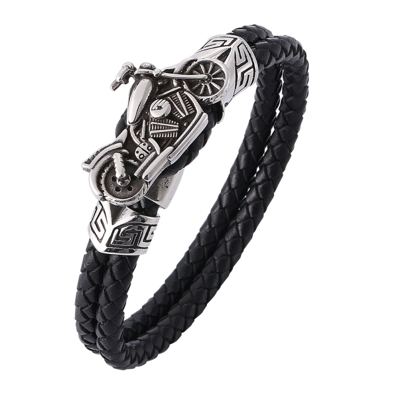 

Cool Men's Jewelry Genuine Black Leather Motorbike Charm Bracelet