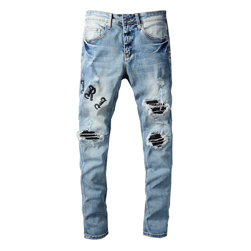 

Ripped Jeans Men's Personality PU Leather Pants Embroidered Patch Slim Fit Jeans, Blue