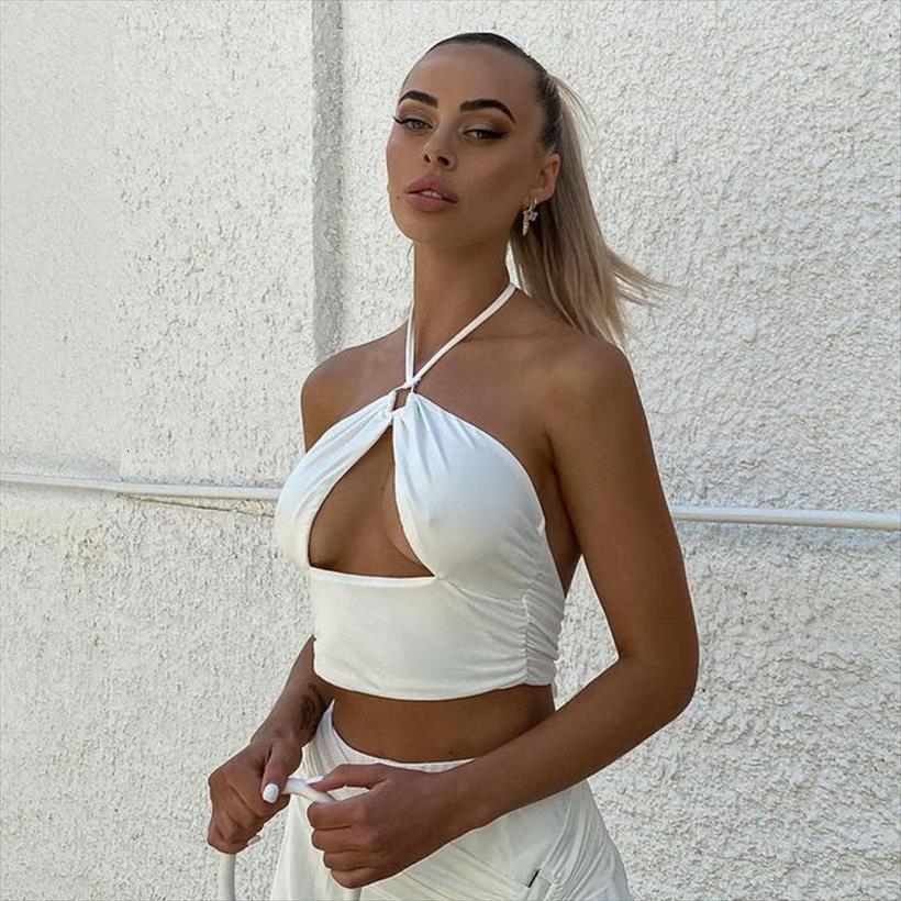 

y2k crop womens cami halter solid hollow out sleeveless open back rave strappy cross club camisole, White