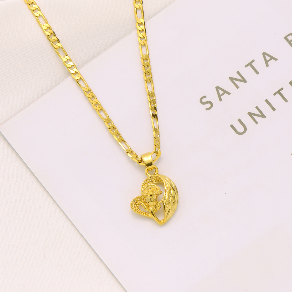 Collier avec pendentif en forme de cœur rose italien Figaro à maillons en or jaune massif 18 carats GF 61 cm 3 mm pour femme