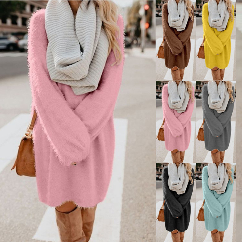 

2021 Autumn Winter New Elegant Fashion o Neck Women' Causal Loose Solid Plush Long Sleeve Ladies Plus Size 0uek, Yellow