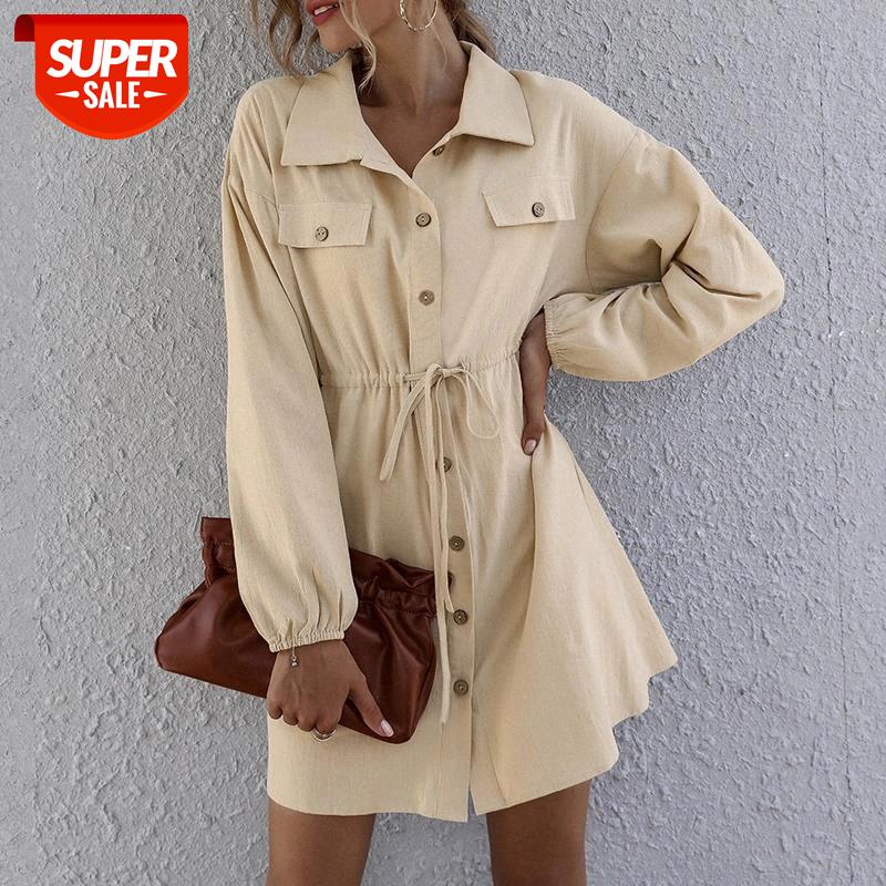 

hirigin 2020 Autumn Winter Vintage Shirt Dress Women Long Sleeve Black Khaki Army Green Dress robe femme vestidos #Ee9D, Black;gray