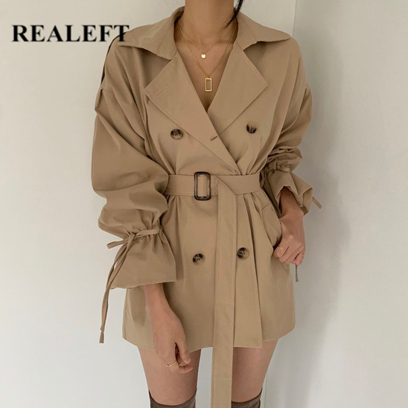 

REALEFT 2021 New Autumn Winter Khaki Minimalist Womens Trench Coat Sashes Windbreaker Loose Flare Sleeve Double Breasted Trench, Apricot