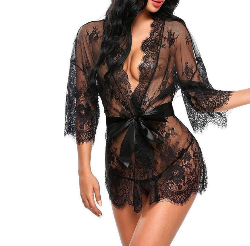 

Black colors Erotic Babydoll New Sleepwear Women Lace Sheer Lingerie Sexy V-neck Nightwear Robes With G-string Babydoll Women Sleepwear dress