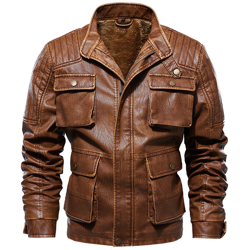 

2021 New Winter Vintage Fleece Men Solid Business Pilot Tactical Leather Jacket Warm Thick Coat Otam, Black