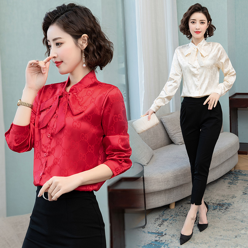 

luxury designer womens bow silk blouse runway elegant shirts long sleeve quality ladies spring autumn office beautiful shirt tops plus size, Red