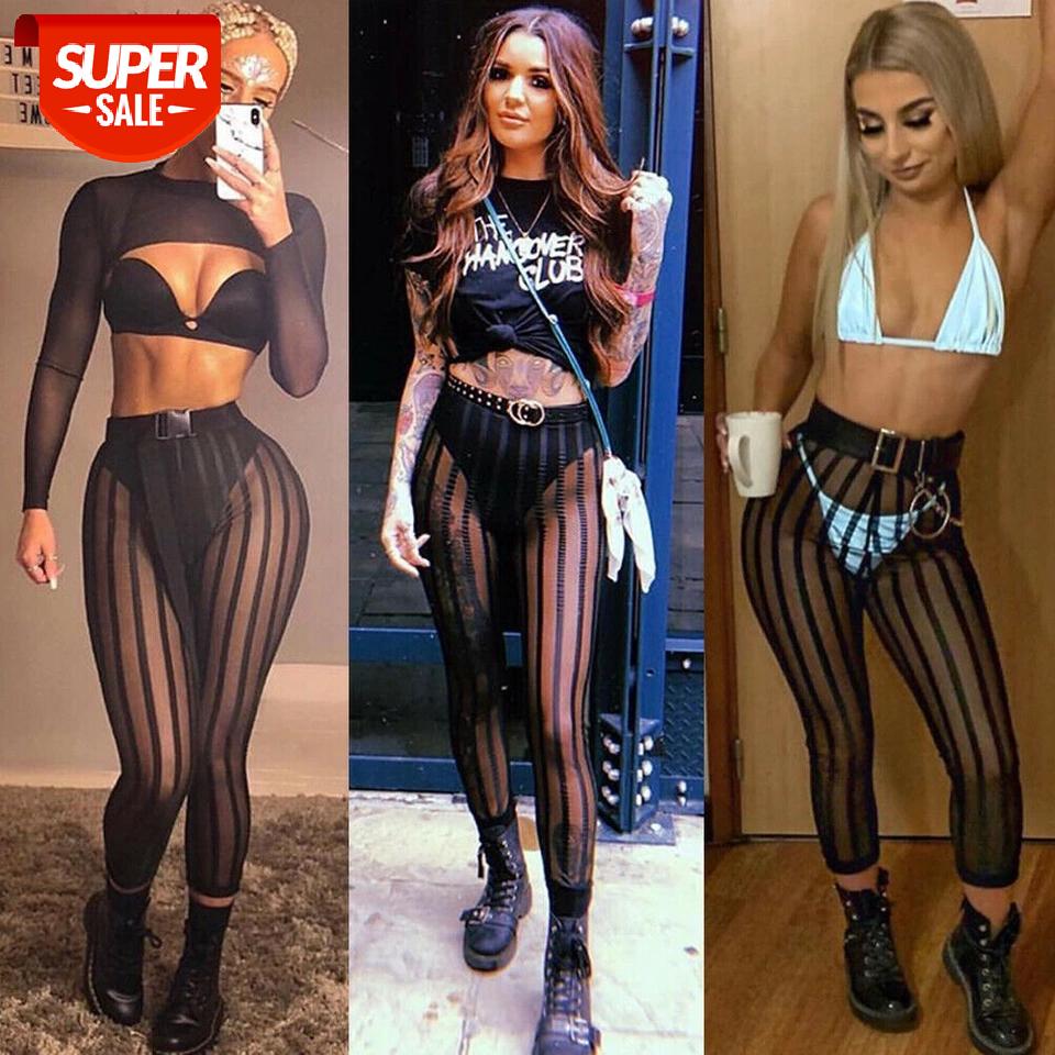 

2019 Summer Swimwears Sexy Perspective Pants Women Slim Long Leggings Pant Trousers Ladies Beach Striped High Waist Mesh Pants #242n, White;black