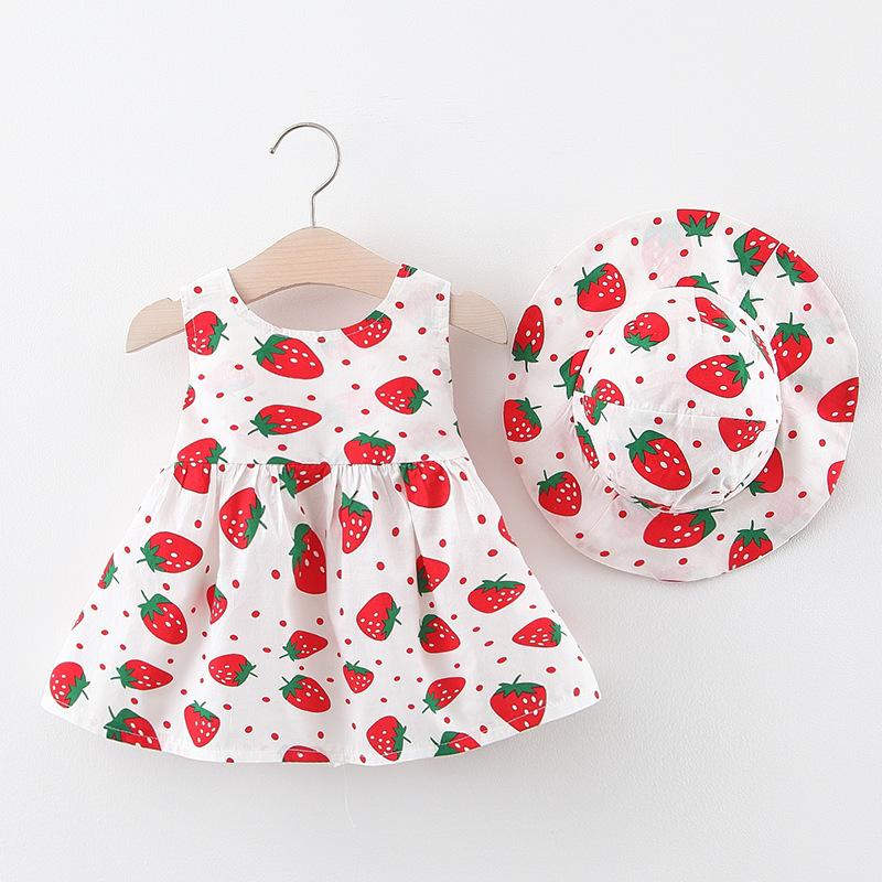 

Girl's Dresses Children's Dress 2021 Spring Summer Baby Girl Send HatS Big Strawberry Print Girls Princess Kids 0-3 Years, Blue