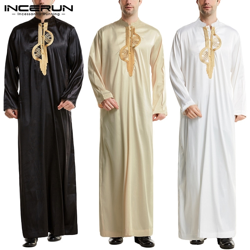 

Men Muslim Islamic Kaftan Arabic Vintage Long Sleeve Stand Collar Embroidery Robes Dubai Caftan Jubba Thobe S-5XL INCERUN, White