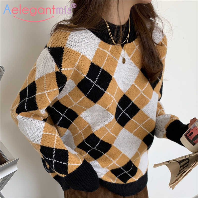 

Aelegantmis Spring Vintage Argyle Sweater Pullover Women Korean Retro Soft Warm Stylish Female Knitted Chic 210607, As shown