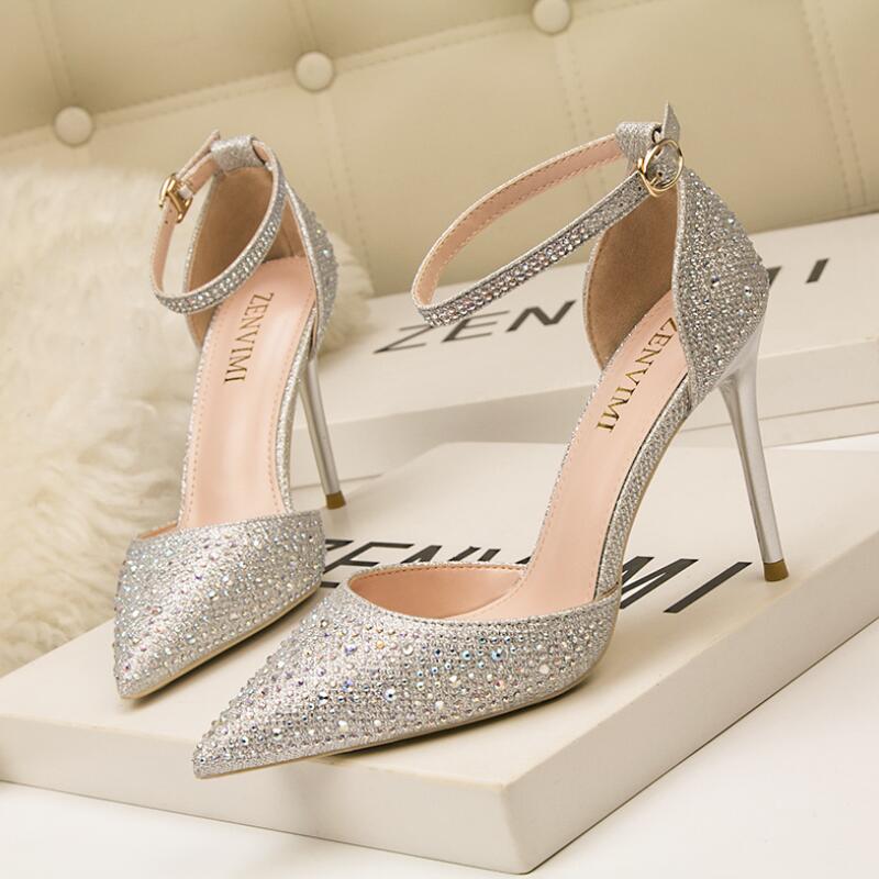 

Designer Party Wedding Shoes Bride Women Ladies Sandals Fashion Sexy Dress Shoes Pointed Toe High Heels Leather Glitter, Bronze