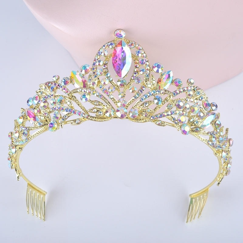 

Gold Ab Color Wedding Hair Tiara For Bride Crystal Rhinestones Women Crowns With Comb Bridal Headpiece Hair Jewelry Diadema 210203, White;golden