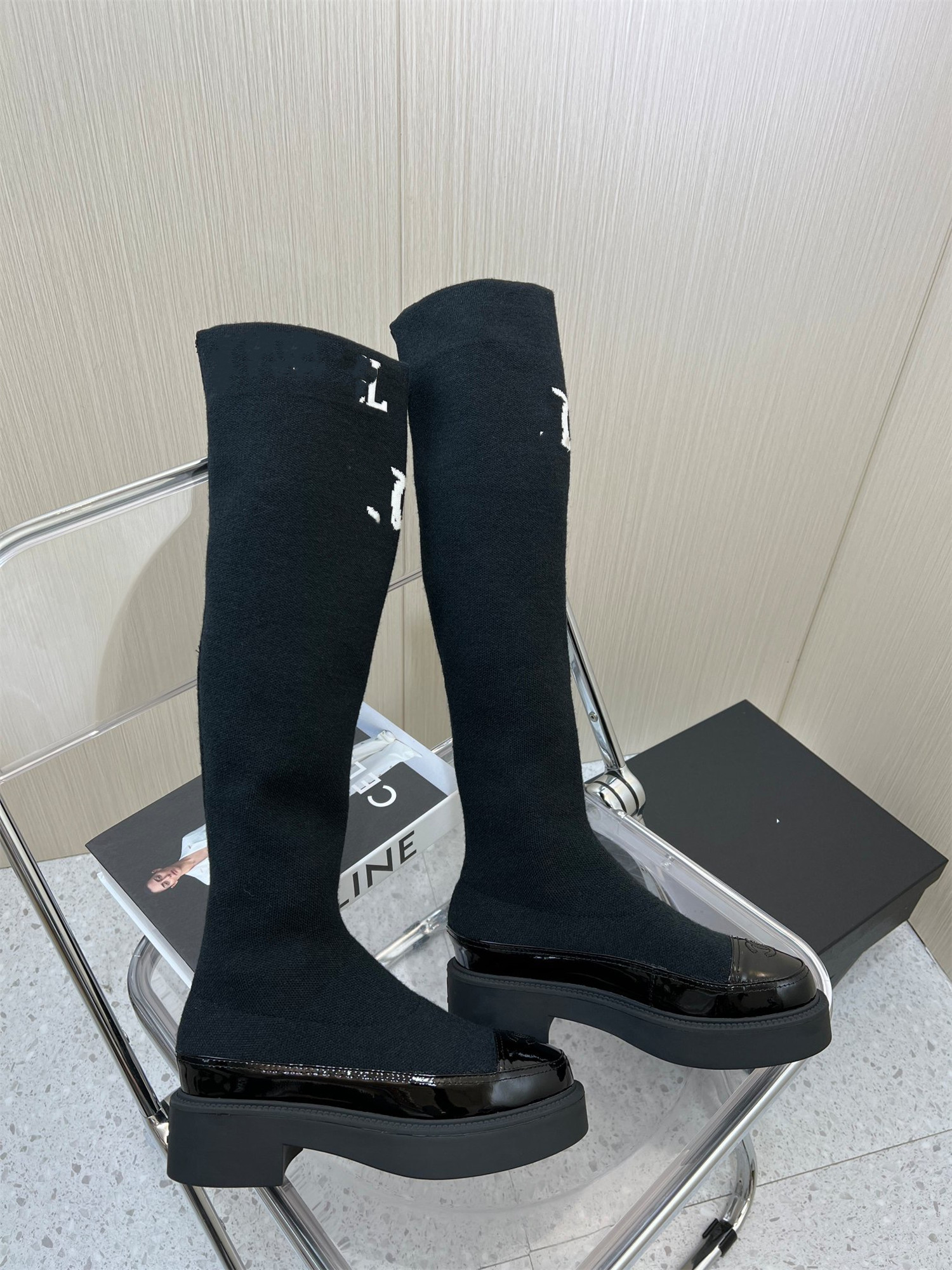 

Black flat shoes mid-tube boots stretch knit socks boot leather wool women's luxury designer booties factory shoe with box