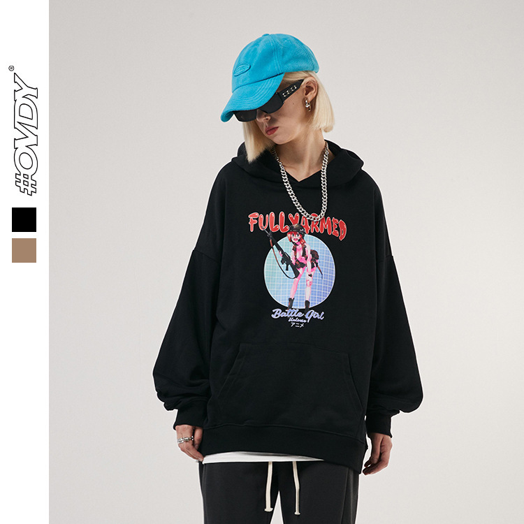 

wxwovdy 2021 national fashion autumn and winter new casual sweater war girl theme print loose hooded sweater men, Black