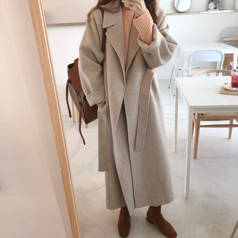 

Autumn Winter Womens Casual Wool Blend Trench Coat Oversize Long Coat with Belt Cashmere Outwear, Apricot