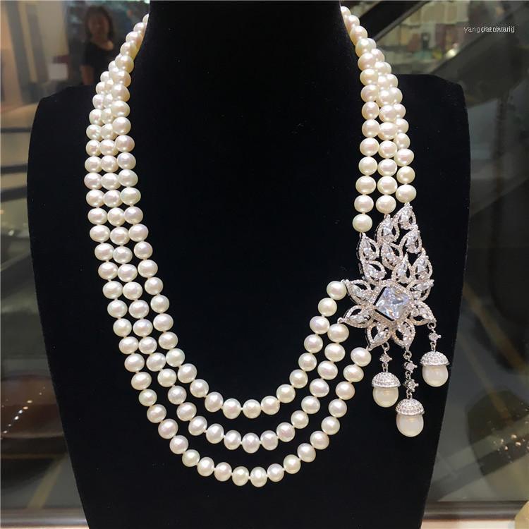 

22" 3 Strands Fresh Water Cultured Pearl Necklace CZ Pendant1