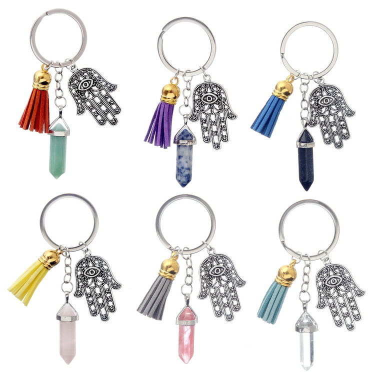 

Fashion Accessories Natural Crystal Hexagonal Column Fatima Evil Eye Palm Key Chain Pendant Earring Set