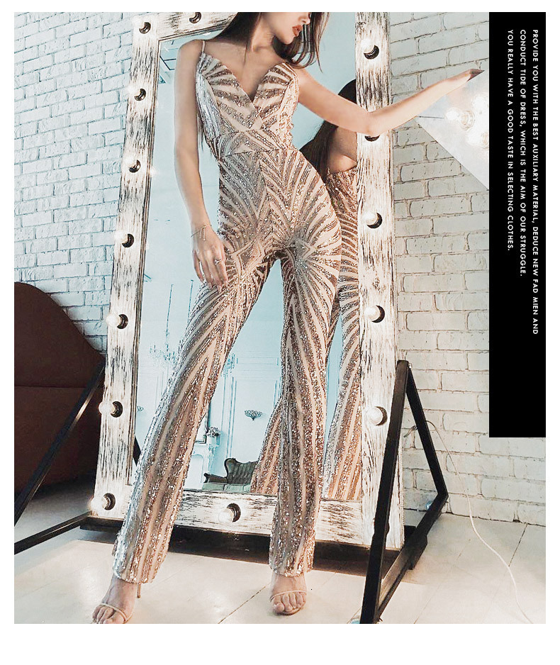 

2021 Gold Sequin Jumpsuit Evening New Arrival Sexy V-neck Backless Formal Party Pant Robe De Soriee T36m, Picture color