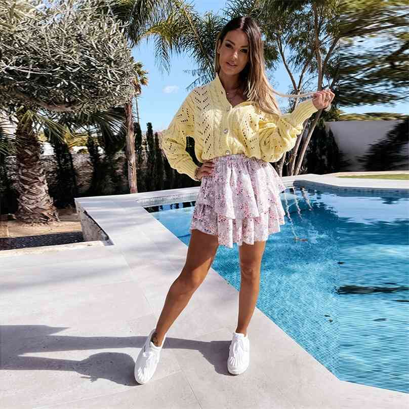 

Summer Double-Layer Floral Short Skirt Elastic High Waist Printing Design Casual Sweet Fresh Chic 210629, Blue