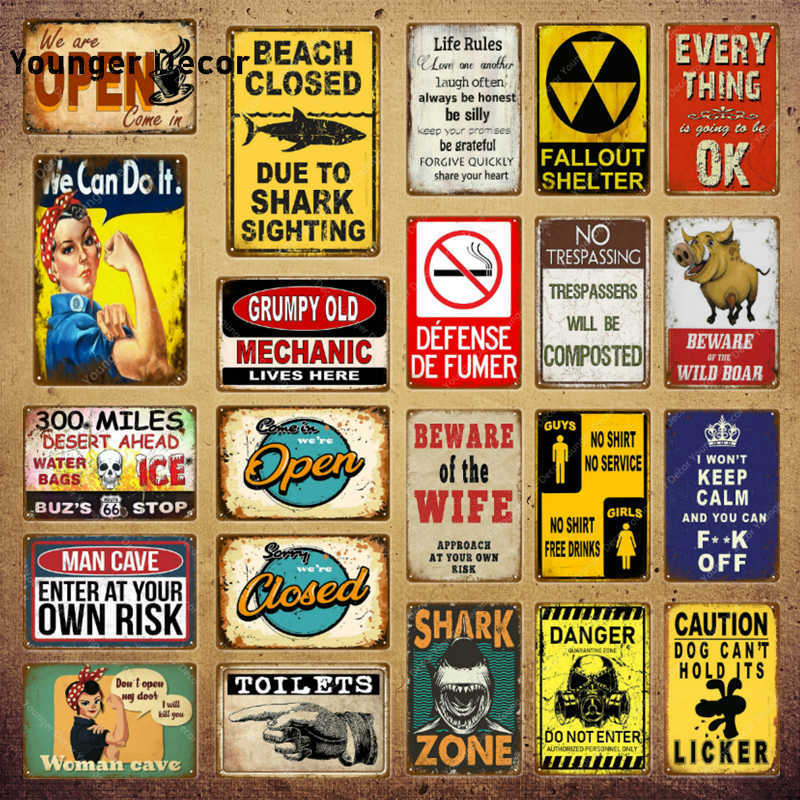 

Open Closed Metal Signs Vintage Shark Zone Art Poster Garage Pub Rustic Wall Plaque Bar Diner Home Decor Toilets Plate YI-158