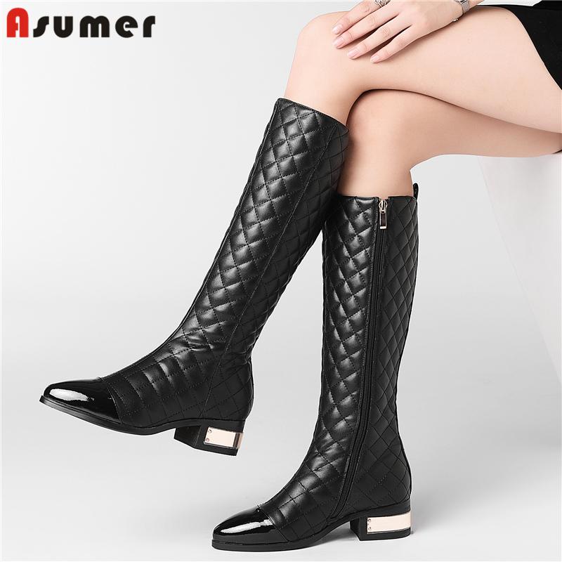 

Boots Asumer Size 34-45 Women Zip Knee High Cow Leather Fashion Low Heels Winter Long Botas, Black