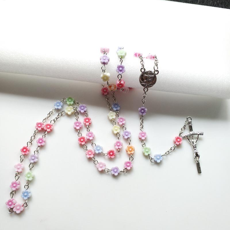 

Pendant Necklaces Teen Girls Rosary Necklace Colorful Flower Prayer Beads Chain Rose Medal Crucifix Cross Y-Necklace Confirmation Gifts Jewe